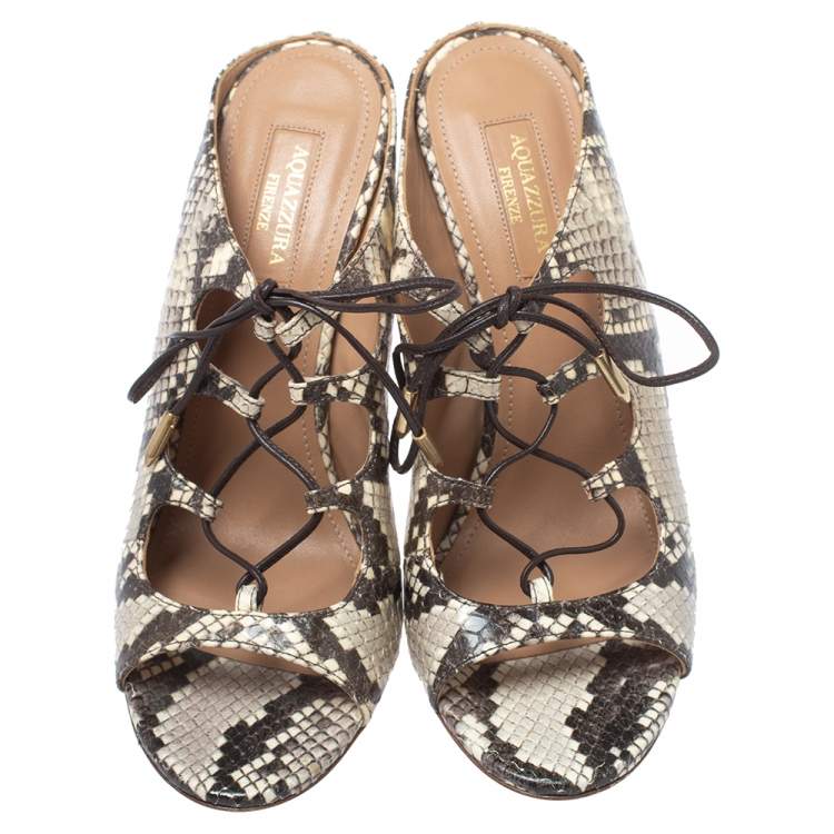 Pre Owned Aquazzura Cream/Black Python Embossed Leather Tie Up Sandals Size 38.5