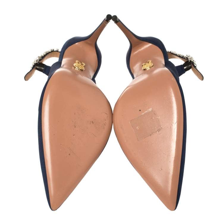 Pre Owned Aquazzura Blue Canvas Portrait Of Lady Slingback Pointed Toe Pumps Size 40.5