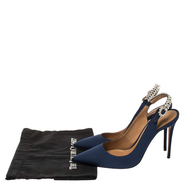Pre Owned Aquazzura Blue Canvas Portrait Of Lady Slingback Pointed Toe Pumps Size 40.5