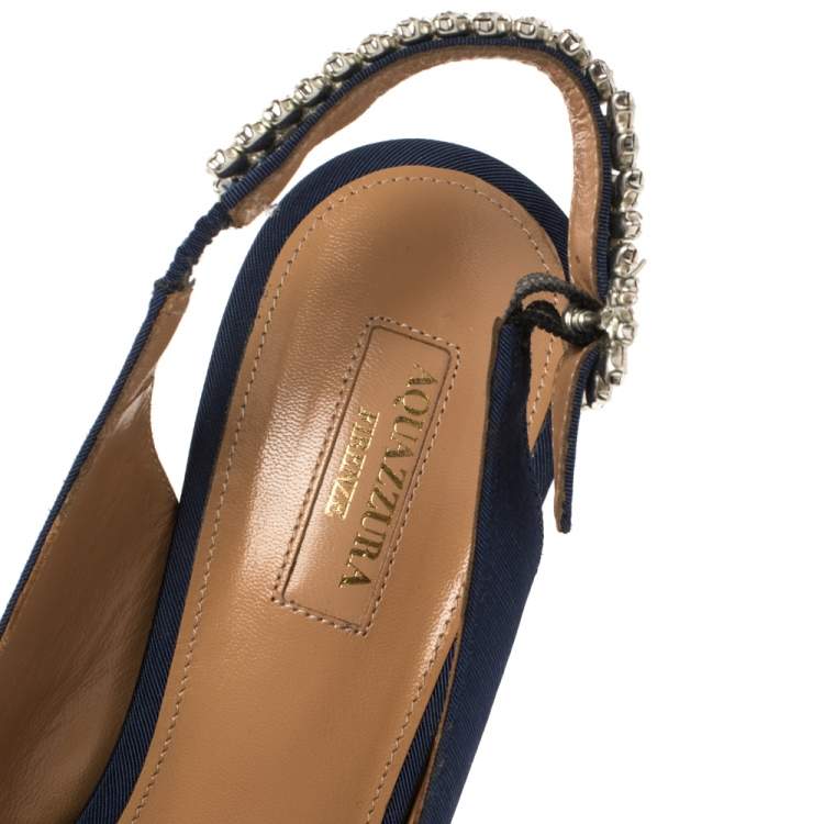 Pre Owned Aquazzura Blue Canvas Portrait Of Lady Slingback Pointed Toe Pumps Size 40.5