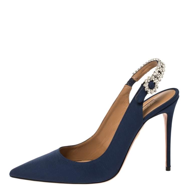 Pre Owned Aquazzura Blue Canvas Portrait Of Lady Slingback Pointed Toe Pumps Size 40.5