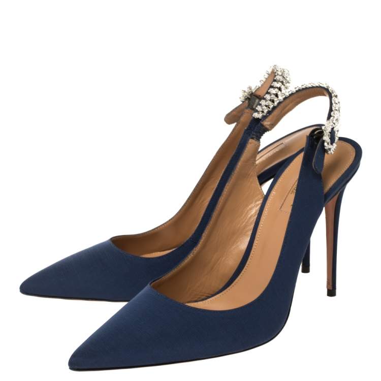 Pre Owned Aquazzura Blue Canvas Portrait Of Lady Slingback Pointed Toe Pumps Size 40.5