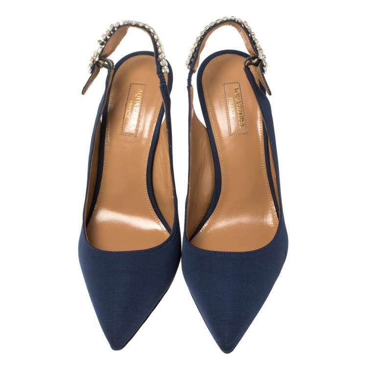 Pre Owned Aquazzura Blue Canvas Portrait Of Lady Slingback Pointed Toe Pumps Size 40.5