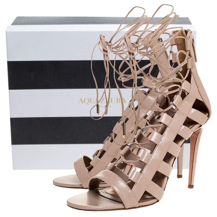 Pre Owned Aquazzura Beige Leather Amazon Lace Up Open Toe Sandals Size 39.5