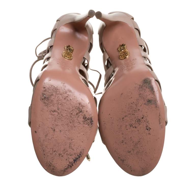 Pre Owned Aquazzura Beige Leather Amazon Lace Up Open Toe Sandals Size 39.5
