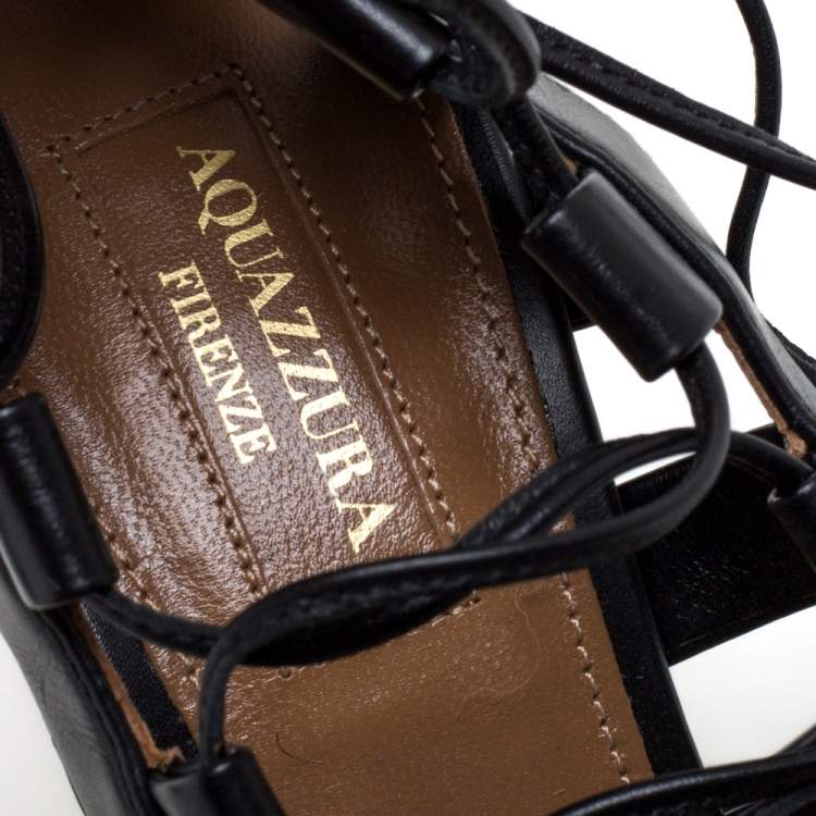 Pre Owned Aquazzura Black Leather Amazon Lace Up Open Toe Sandals Size 37