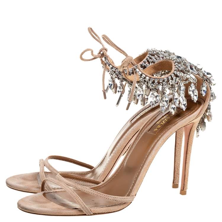 Pre Owned Aquazzura Beige Suede Eden Crystal Embellished Sandals Size 39