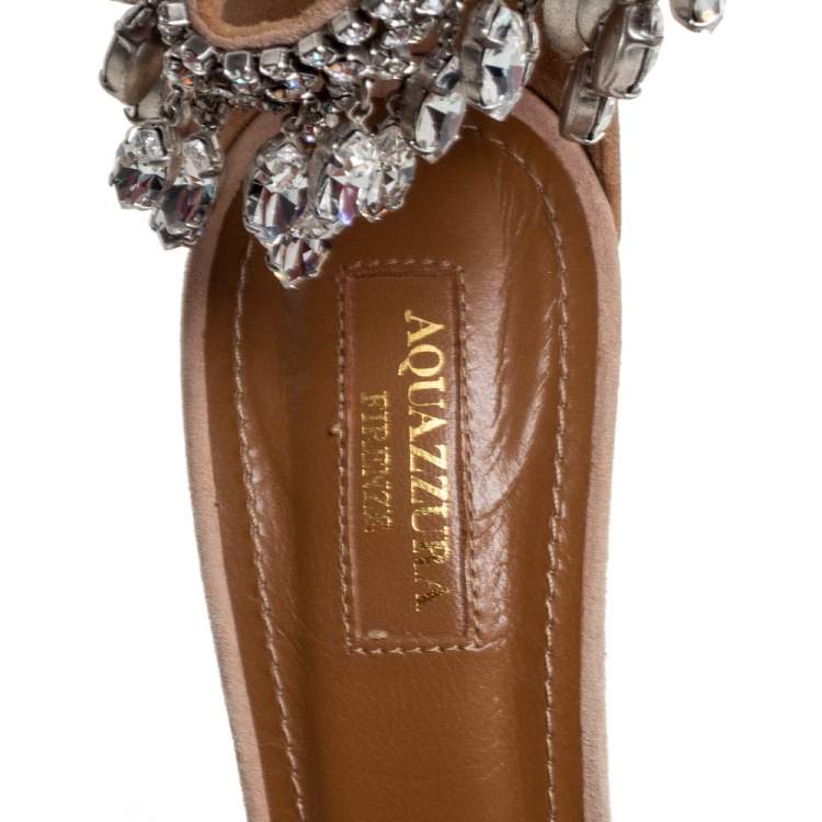 Pre Owned Aquazzura Beige Suede Eden Crystal Embellished Sandals Size 39