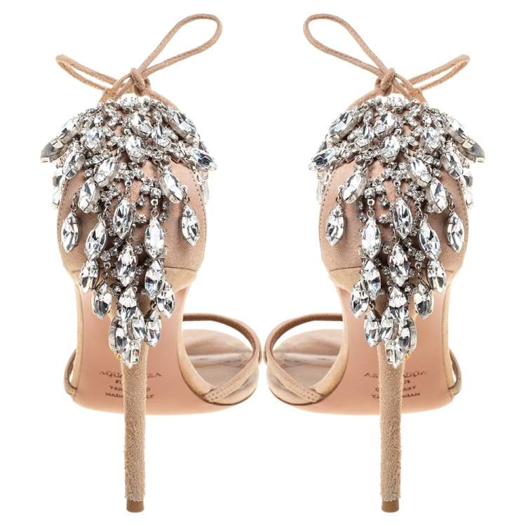 Pre Owned Aquazzura Beige Suede Eden Crystal Embellished Sandals Size 39