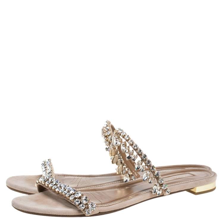 Pre Owned Aquazzura Beige Suede Eden Crystal Embellished Flats Size 39.5