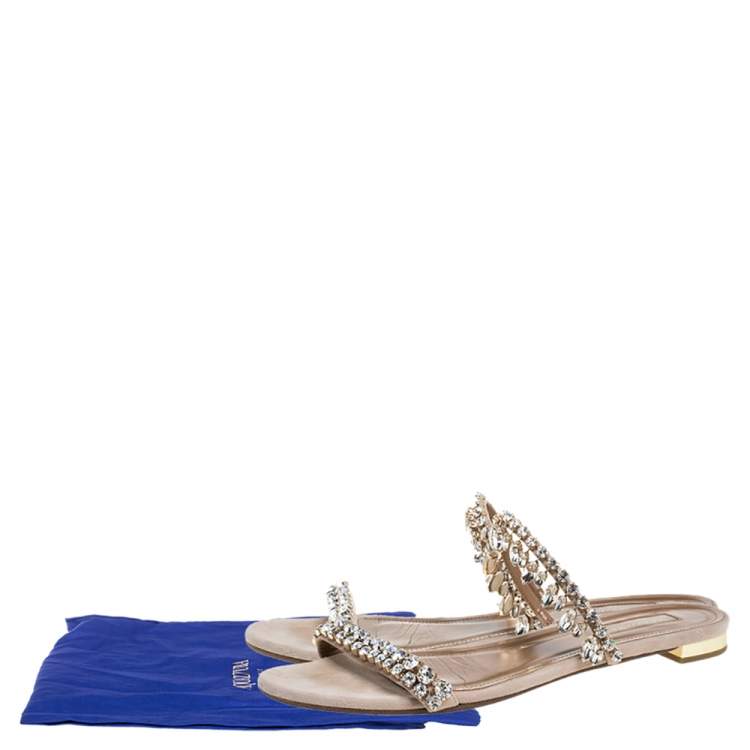 Pre Owned Aquazzura Beige Suede Eden Crystal Embellished Flats Size 39.5