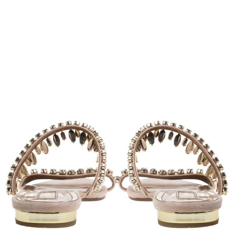 Pre Owned Aquazzura Beige Suede Eden Crystal Embellished Flats Size 39.5