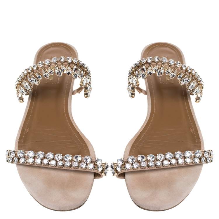 Pre Owned Aquazzura Beige Suede Eden Crystal Embellished Flats Size 39.5