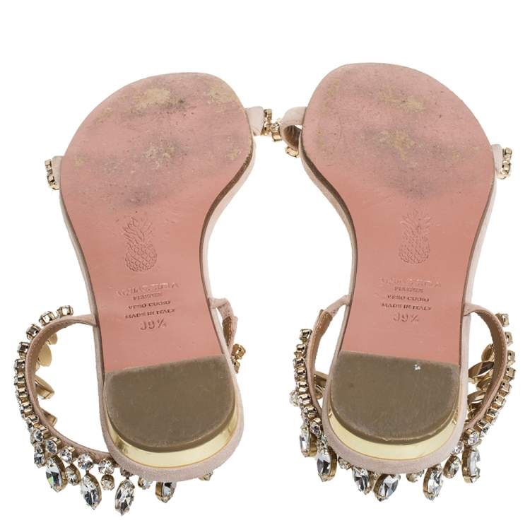Pre Owned Aquazzura Beige Suede Eden Crystal Embellished Flats Size 39.5