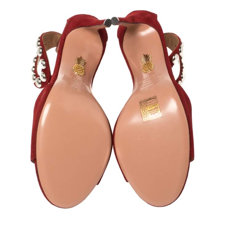 Pre Owned Aquazzura Red Suede Studded DJ Sandals Size 38