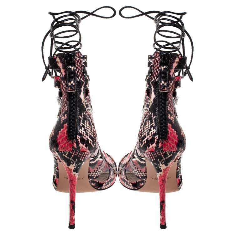 Pre Owned Aquazzura Multicolor Python Leather Amazon Lace Up Open Toe Sandals Size 38