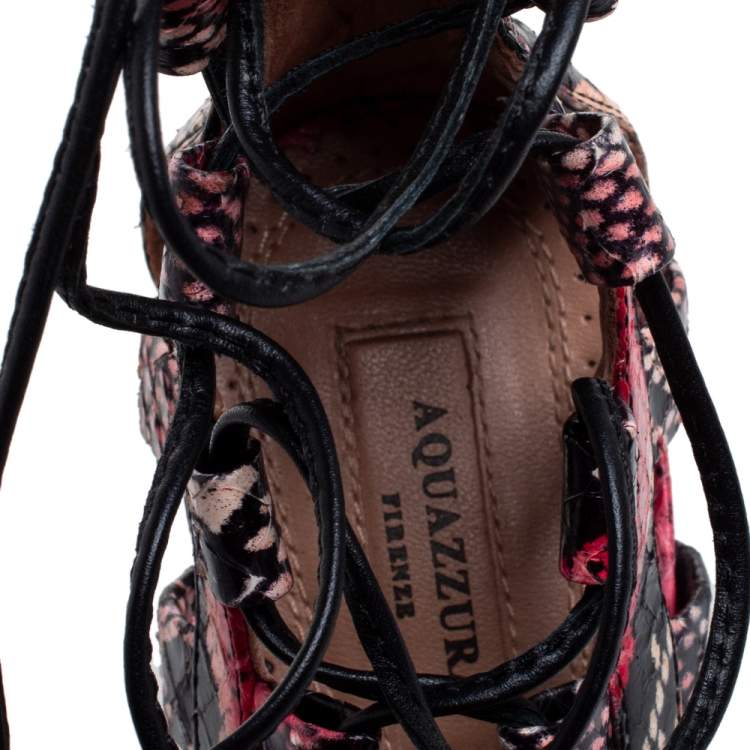Pre Owned Aquazzura Multicolor Python Leather Amazon Lace Up Open Toe Sandals Size 38
