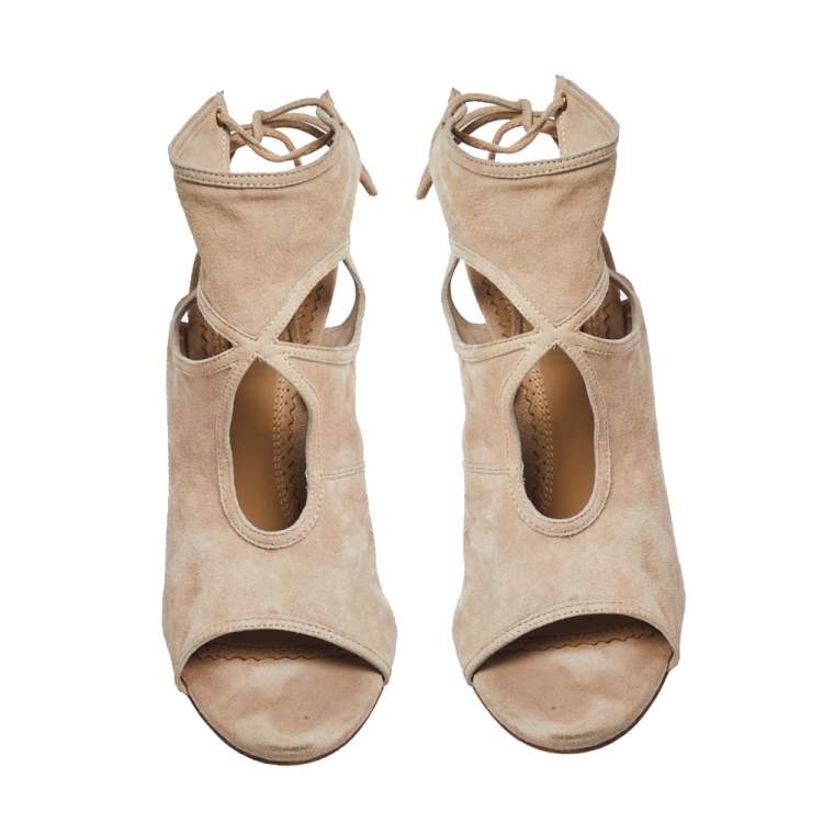 Pre Owned Aquazzura Beige Suede Sexy Thing Cutout Sandals Size 38