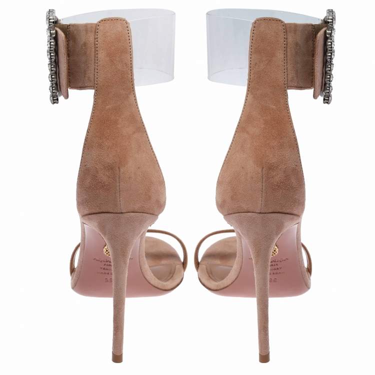 Pre Owned ..Aquazzura Beige Suede and PVC Casablanca Strass Sandals Size 39.5