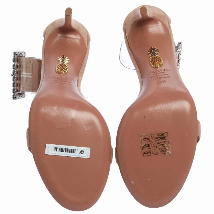 Pre Owned ..Aquazzura Beige Suede and PVC Casablanca Strass Sandals Size 39.5
