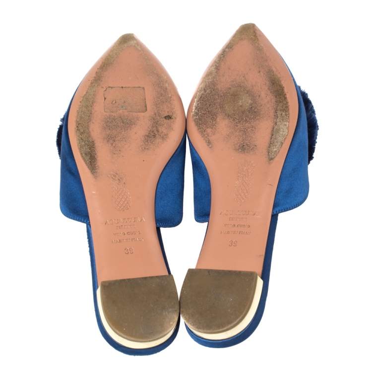 Pre Owned Aquazzura Blue Satin Powder Puff Pom Pom Mules Size 39