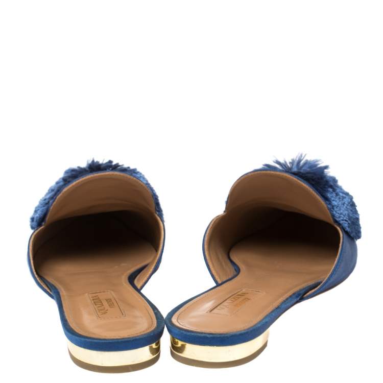 Pre Owned Aquazzura Blue Satin Powder Puff Pom Pom Mules Size 39