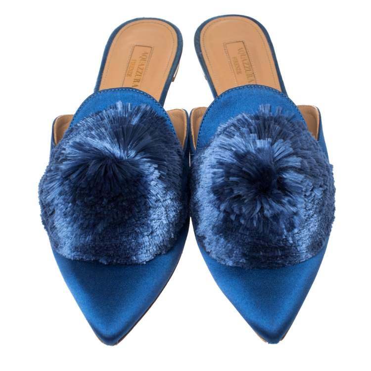 Pre Owned Aquazzura Blue Satin Powder Puff Pom Pom Mules Size 39
