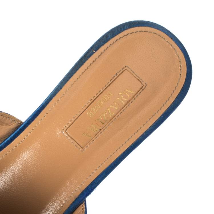 Pre Owned Aquazzura Blue Satin Powder Puff Pom Pom Mules Size 39