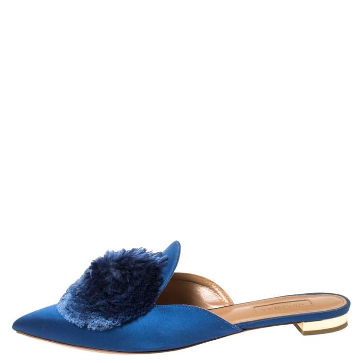 Pre Owned Aquazzura Blue Satin Powder Puff Pom Pom Mules Size 39