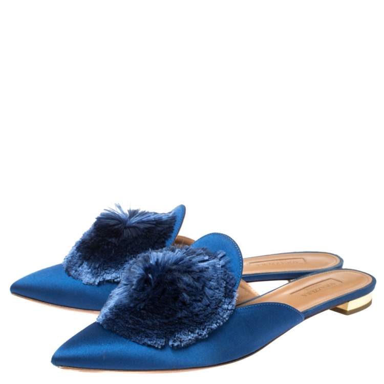Pre Owned Aquazzura Blue Satin Powder Puff Pom Pom Mules Size 39