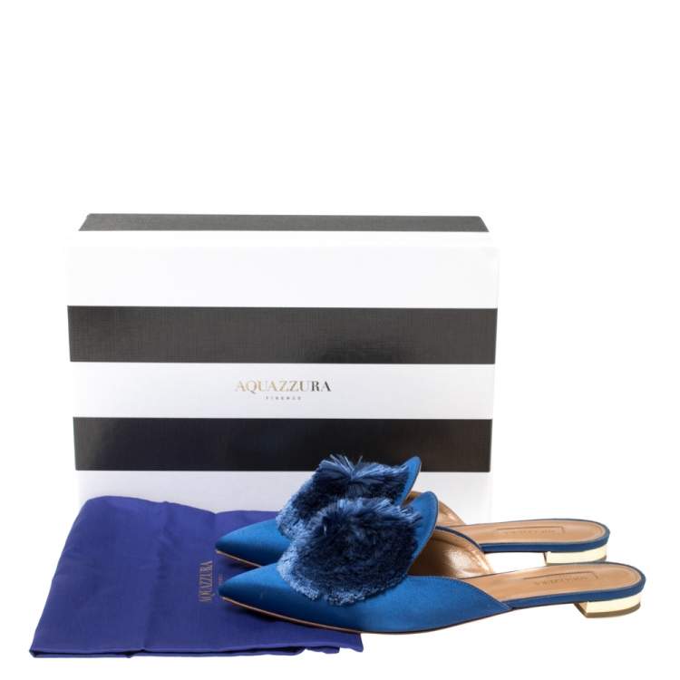 Pre Owned Aquazzura Blue Satin Powder Puff Pom Pom Mules Size 39
