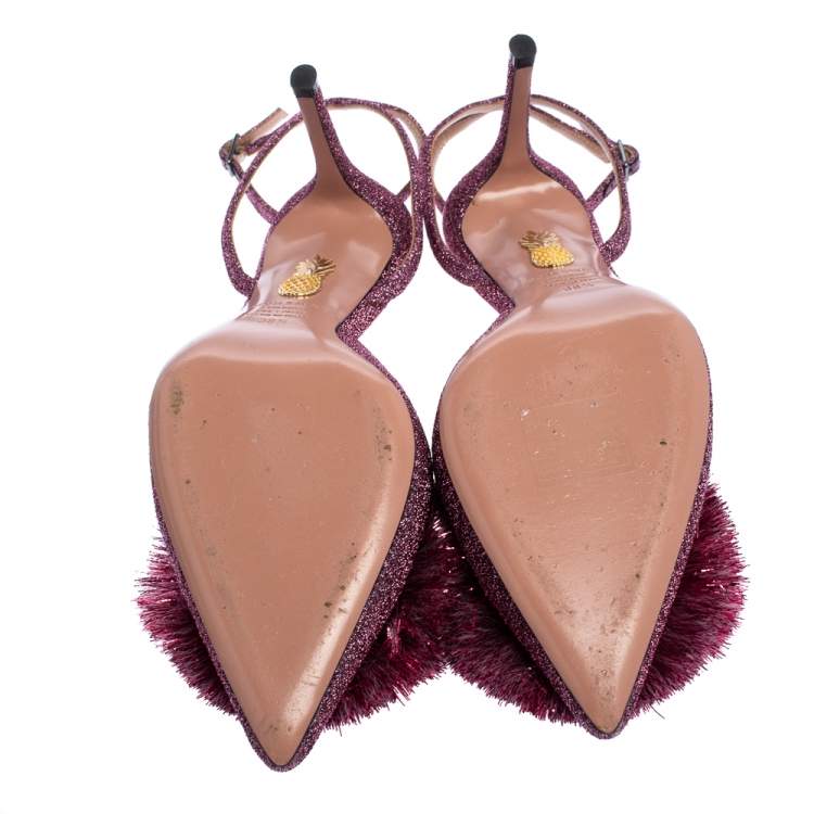 Pre Owned Aquazzura Pink Lurex Powder Puff Slingback Sandals Size 38.5
