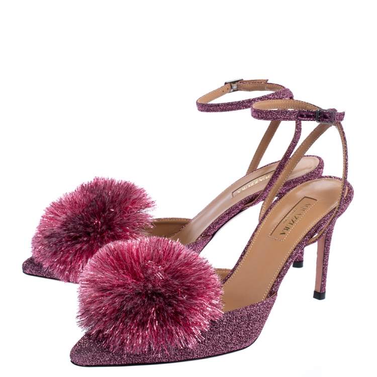 Pre Owned Aquazzura Pink Lurex Powder Puff Slingback Sandals Size 38.5