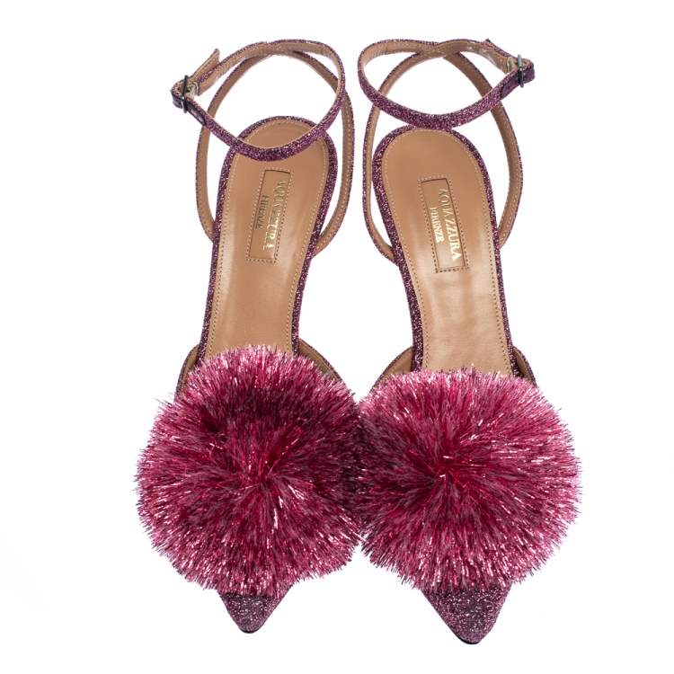 Pre Owned Aquazzura Pink Lurex Powder Puff Slingback Sandals Size 38.5