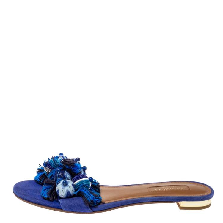 Pre Owned Aquazzura Blue Suede Tropicana Pom Pom Flat Slides Size 36