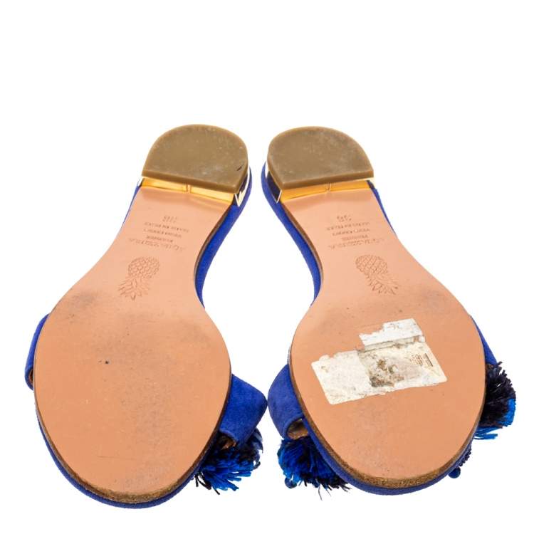 Pre Owned Aquazzura Blue Suede Tropicana Pom Pom Flat Slides Size 36