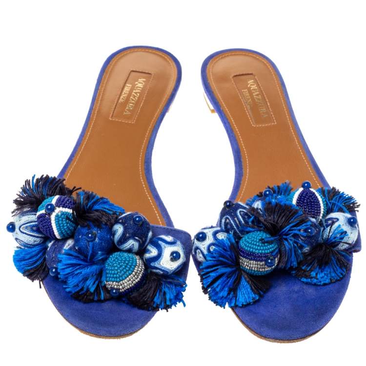 Pre Owned Aquazzura Blue Suede Tropicana Pom Pom Flat Slides Size 36