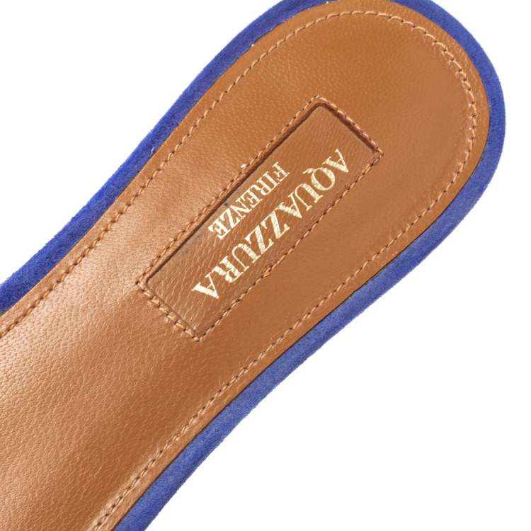 Pre Owned Aquazzura Blue Suede Tropicana Pom Pom Flat Slides Size 36