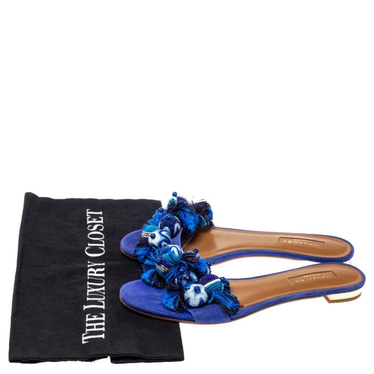 Pre Owned Aquazzura Blue Suede Tropicana Pom Pom Flat Slides Size 36