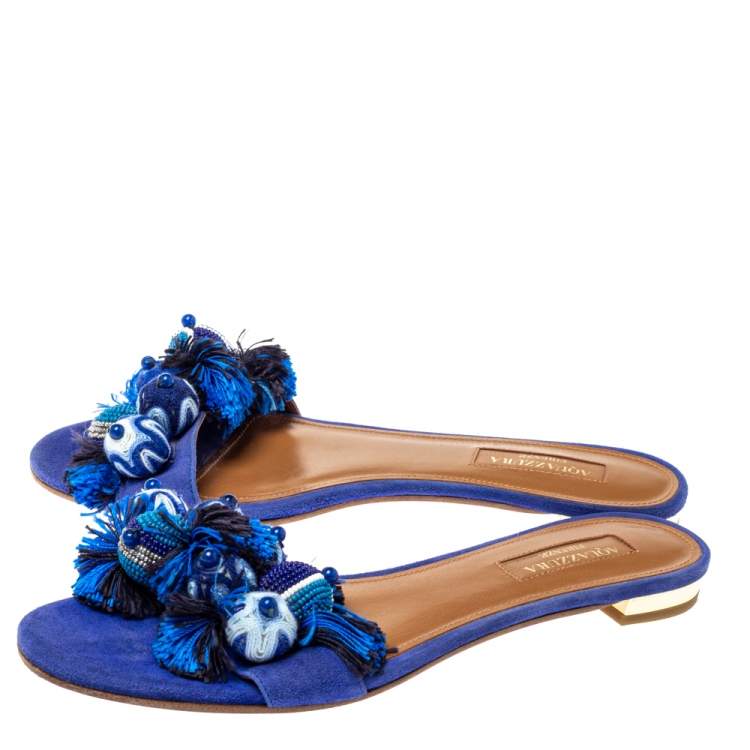 Pre Owned Aquazzura Blue Suede Tropicana Pom Pom Flat Slides Size 36