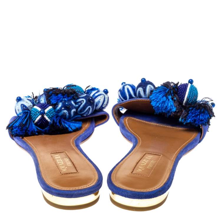 Pre Owned Aquazzura Blue Suede Tropicana Pom Pom Flat Slides Size 36