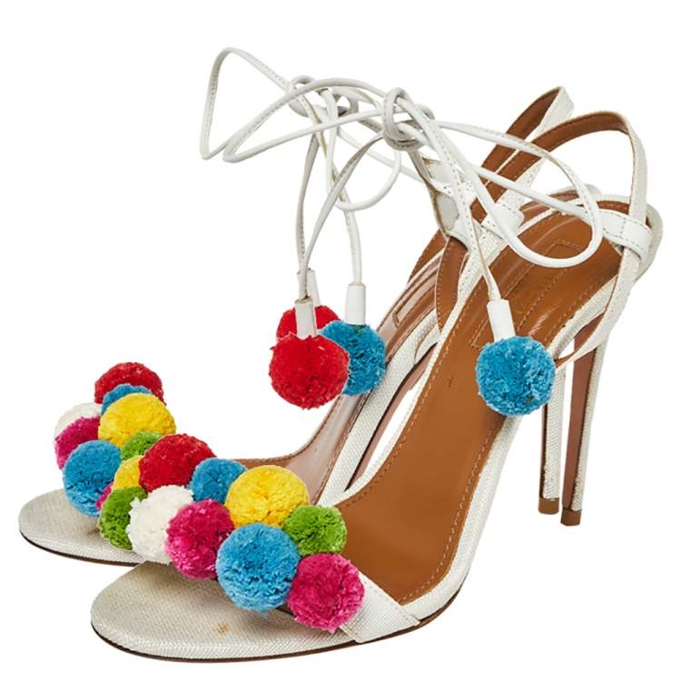 مملوكة مسبقًا Aquazzura White Canvas and Leather Disco Thing Ankle Wrap Sandals Size 36
