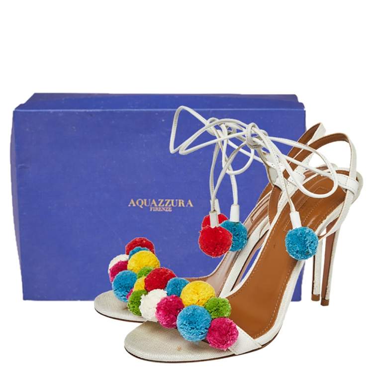 مملوكة مسبقًا Aquazzura White Canvas and Leather Disco Thing Ankle Wrap Sandals Size 36