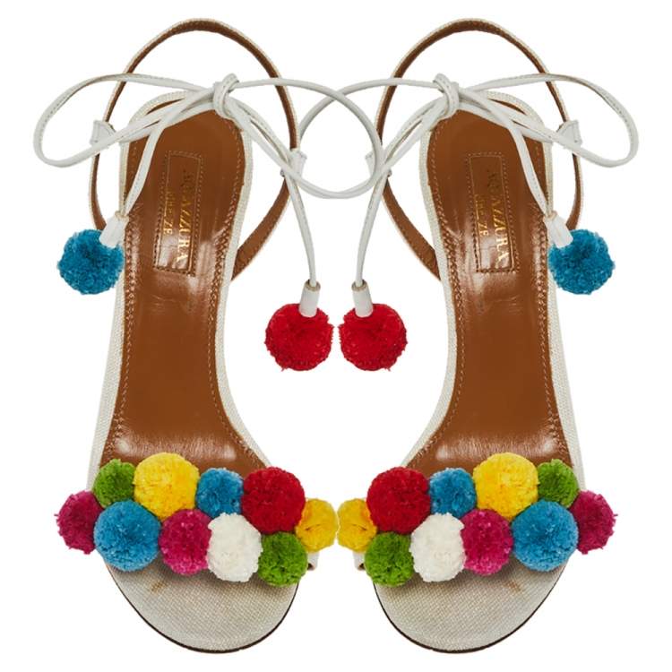مملوكة مسبقًا Aquazzura White Canvas and Leather Disco Thing Ankle Wrap Sandals Size 36
