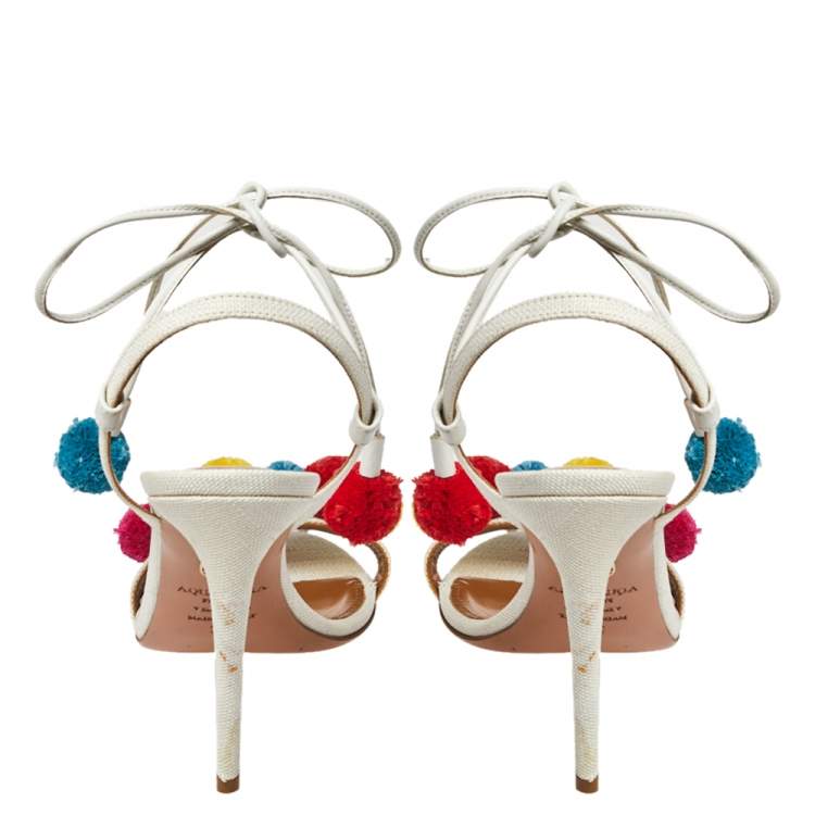 مملوكة مسبقًا Aquazzura White Canvas and Leather Disco Thing Ankle Wrap Sandals Size 36