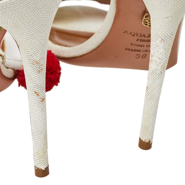 مملوكة مسبقًا Aquazzura White Canvas and Leather Disco Thing Ankle Wrap Sandals Size 36