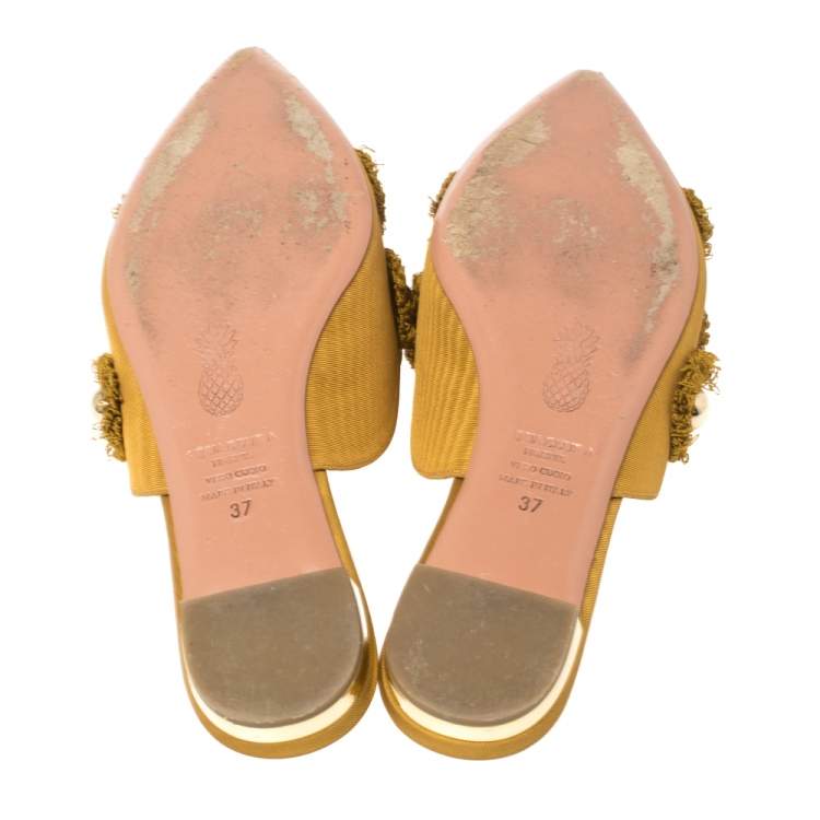 Pre Owned Aquazzura Mustard Fabric Sunflower Mules Size 37