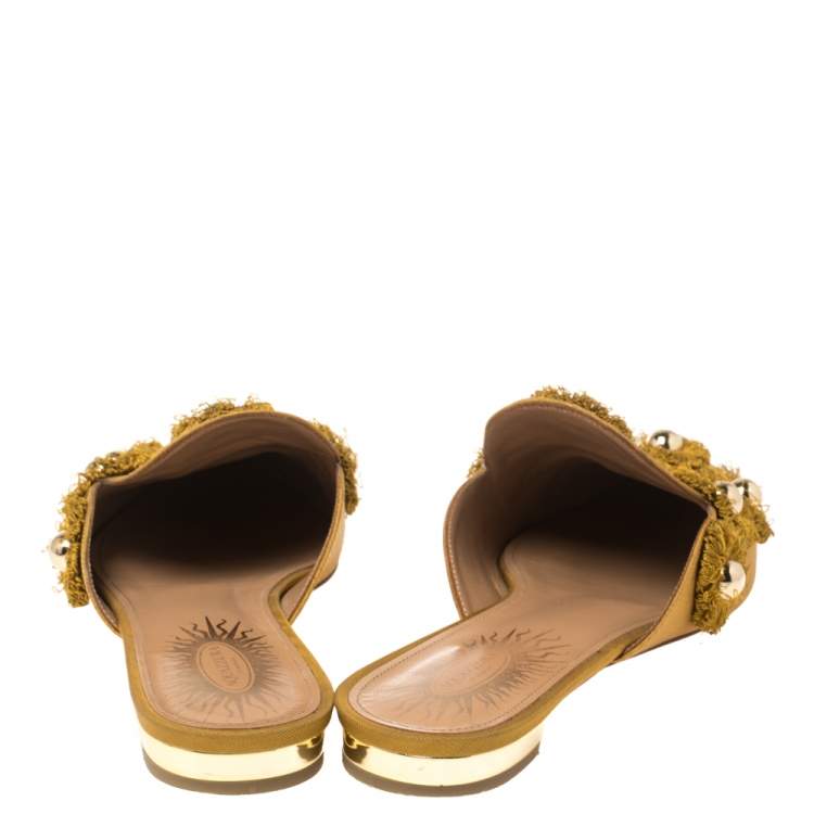 Pre Owned Aquazzura Mustard Fabric Sunflower Mules Size 37