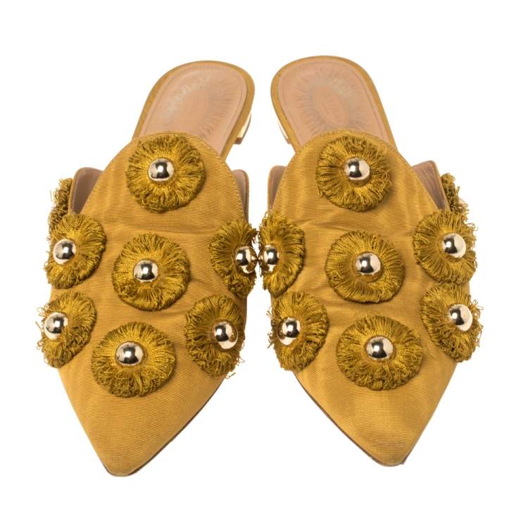 Pre Owned Aquazzura Mustard Fabric Sunflower Mules Size 37