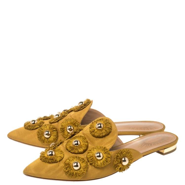 Pre Owned Aquazzura Mustard Fabric Sunflower Mules Size 37